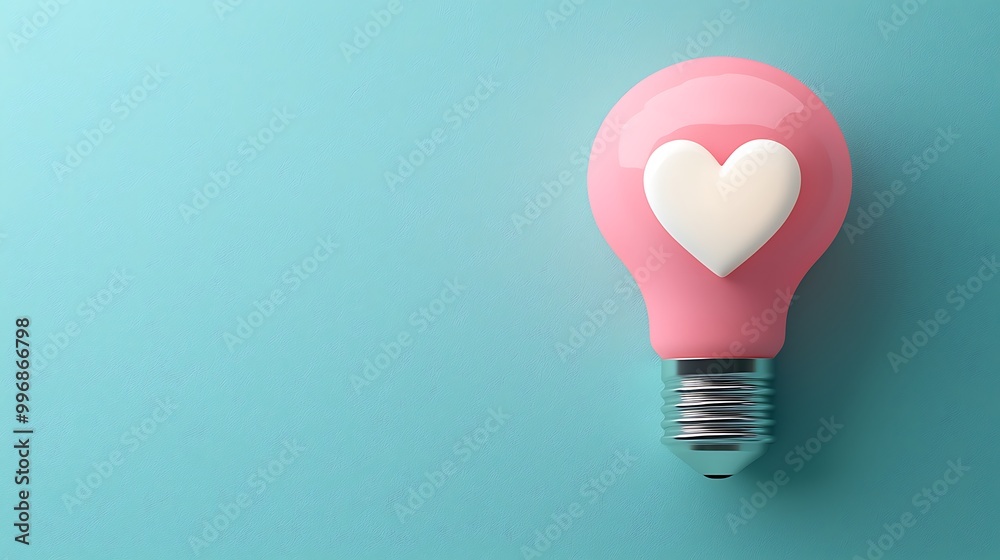 A pink lightbulb, glowing with a heart, symbolizes love and creative inspiration. A pink lightbulb, glowing with a heart, symbolizes love and creative inspiration.