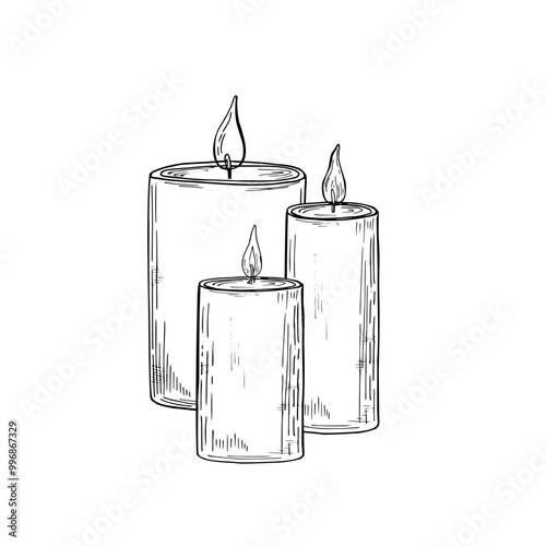 Three elegant pillar candles of different heights with burning flame in monochrome hand drawn line black ink illustration. Minimalist holiday composition for spa salon design, Xmas poster