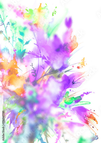 Watercolor bouquet of flowers, Multicolored, colorful dragonfly Beautiful abstract splash of paint, fashion illustration.Orchid flowers, poppy, cornflower, peony, rose, field or garden flowers.  photo