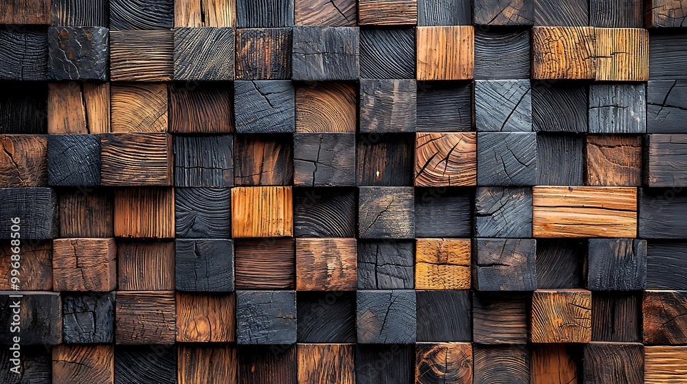 Squares of dark and light wood create a striking geometric pattern on a rustic wall. Squares of dark and light wood create a striking geometric pattern on a rustic wall.