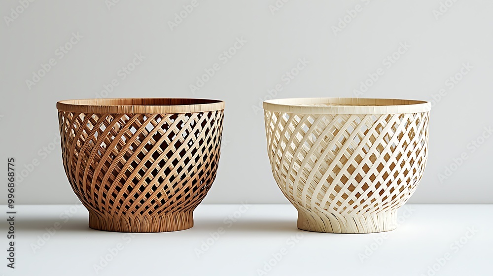 Natural woven bamboo baskets in earthy tones bring rustic charm to home decor. Natural woven bamboo baskets in earthy tones bring rustic charm to home decor.