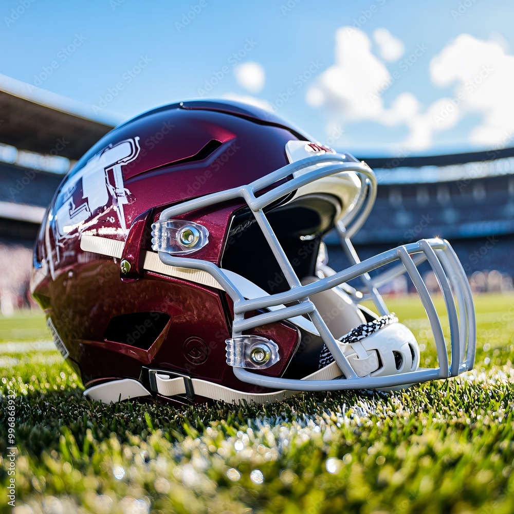 Ready for Kickoff: Football Helmet on Grass with Stadium Background, Pre-Game Excitement and Anticipation Concept Ready for Kickoff: Football Helmet on Grass with Stadium Background, Pre-Game Excitement and Anticipation Concept