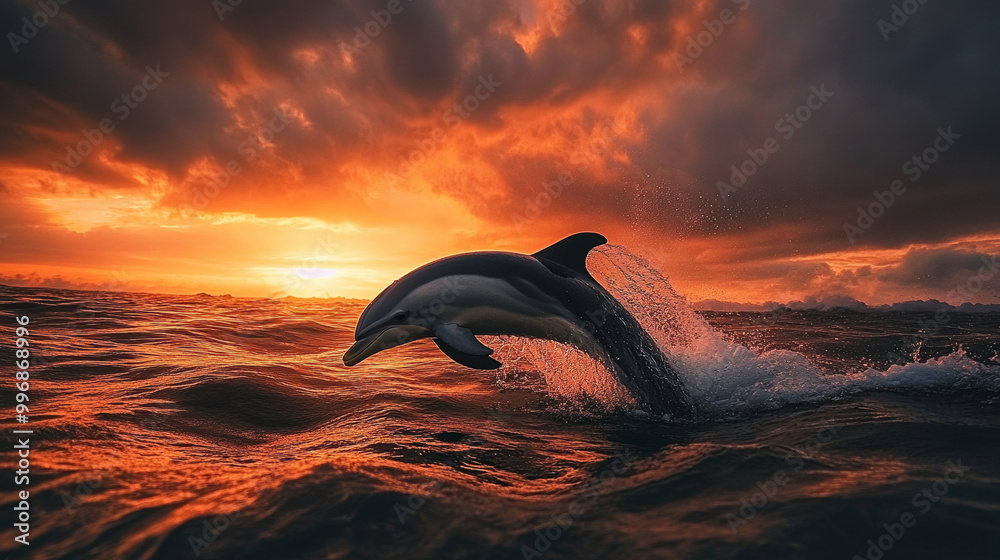Fototapeta premium Dolphin leaping from ocean at sunset, captured in vibrant colors and dramatic lighting concept