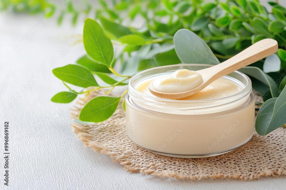 Natural cream in jar with wooden spoon Natural cream in jar with wooden spoon