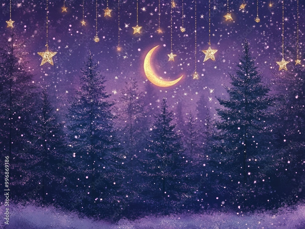 Naklejka premium A dreamy Christmas night in a Purple Basil colored winter forest