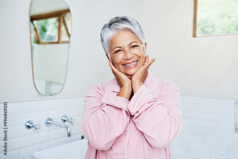Portrait, home and old woman with smile, bathroom and pajamas with retirement, holiday and hygiene. Face care, pensioner and senior lady with happiness, anti aging and morning routine with shine Portrait, home and old woman with smile, bathroom and pajamas with retirement, holiday and hygiene. Face care, pensioner and senior lady with happiness, anti aging and morning routine with shine