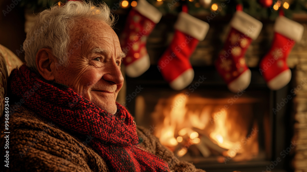 Fototapeta premium Senior man by cozy fireplace, wearing red scarf, enjoying holiday season, Christmas stockings in background, warm and festive atmosphere, Christmas joy concept