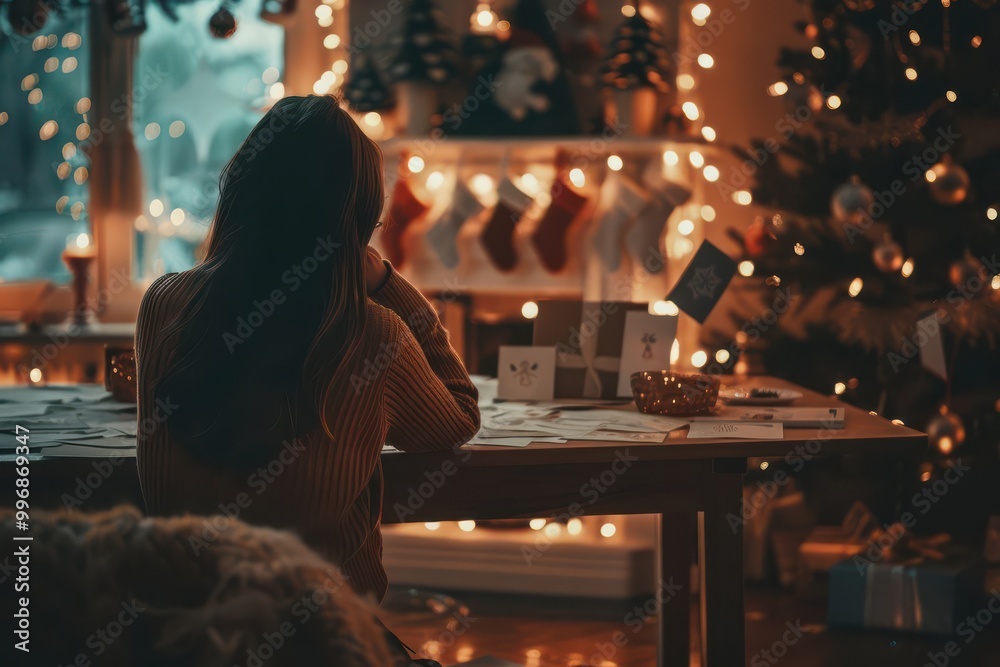 Woman at a desk surrounded by Christmas cards and holiday decorations, cozy ambiance, Vintage, Warm tones, Film grain effect, Holiday atmosphere, soft lighting Woman at a desk surrounded by Christmas cards and holiday decorations, cozy ambiance, Vintage, Warm tones, Film grain effect, Holiday atmosphere, soft lighting