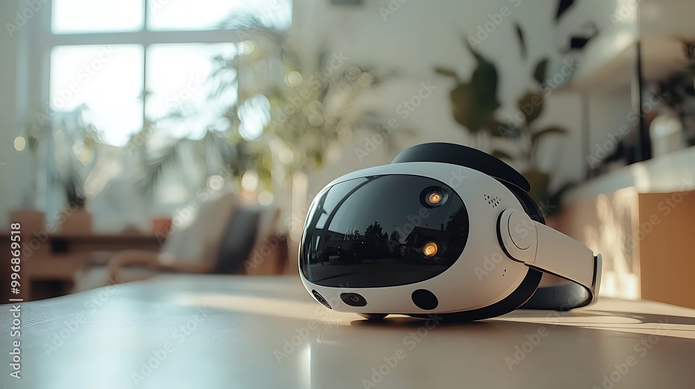A modern VR headset rests on a table, sunlight streaming through the window, a symbol of innovation. A modern VR headset rests on a table, sunlight streaming through the window, a symbol of innovation.