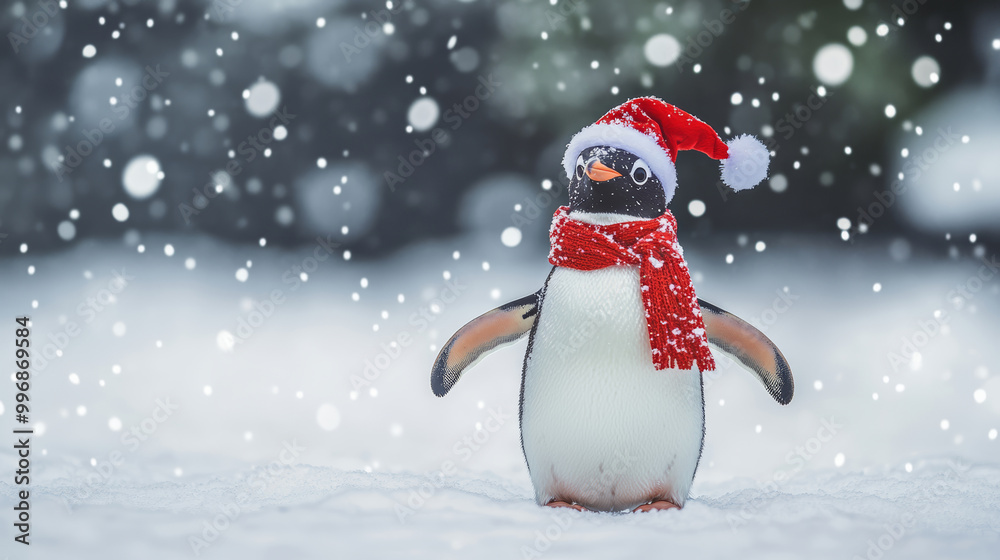 Penguin wearing Santa hat, red scarf, standing in snow, winter wonderland, holiday season, snowfall, festive cheer, Christmas spirit concept Penguin wearing Santa hat, red scarf, standing in snow, winter wonderland, holiday season, snowfall, festive cheer, Christmas spirit concept