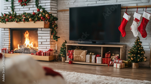 Christmas living room decor with fireplace, stockings, gifts, TV, festive decorations, holiday ambiance concept photo