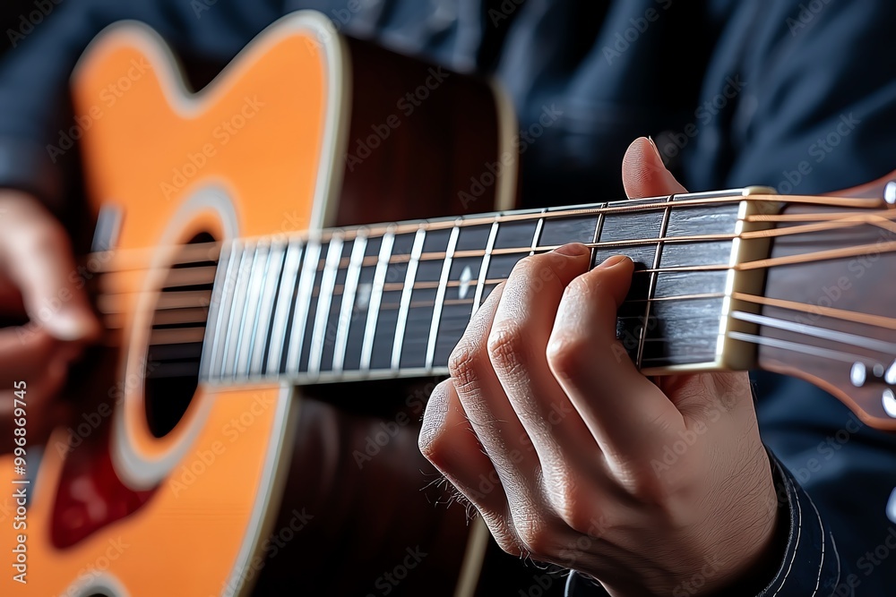 Fototapeta premium A close-up of a person playing an acoustic guitar, focusing on their fingers strumming the strings
