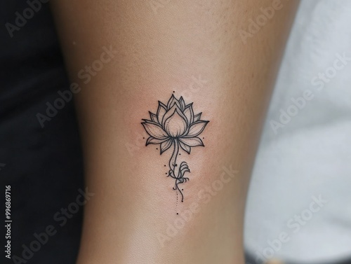 A small ankle tattoo of Lakshmi holding a lotus flower, using simple line work and minimal shading, designed to represent divine blessings in a subtle and personal way photo