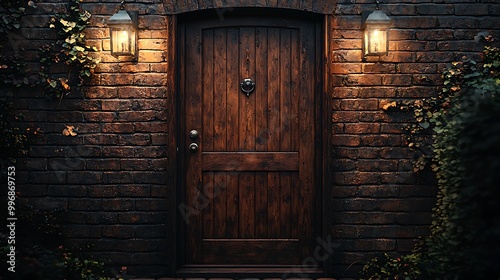A rustic wooden door with brick walls and lanterns glows with timeless charm and warmth.