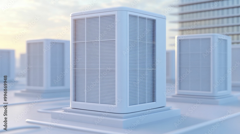 Cutting-edge HVAC solutions, sleek modern units and ductwork, framed by a contemporary commercial building, 3D rendering. Cutting-edge HVAC solutions, sleek modern units and ductwork, framed by a contemporary commercial building, 3D rendering.