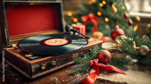 Vintage record player with vinyl decorating Christmas tree red ornaments, holiday atmosphere, nostalgic warm cozy home, festive Merry Christmas season, holidays concept photo