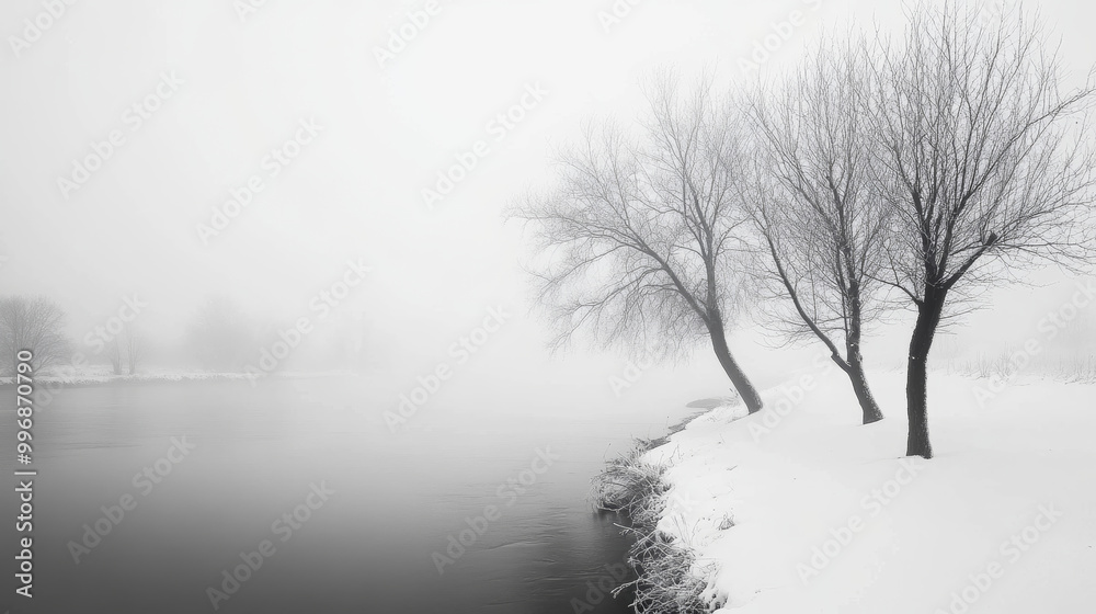 Obraz premium Winter landscape with fog, snow-covered trees by the river, tranquil and serene scene, nature, winter, fog, snowy, trees, river, and serenity concept