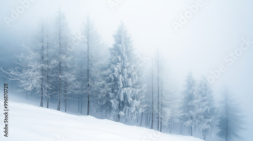 Mystical winter forest, foggy conifer trees, snow-covered landscape, serene atmosphere, seasonal nature concept