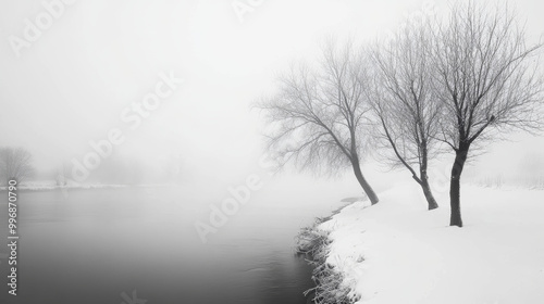 Winter landscape with fog, snow-covered trees by the river, tranquil and serene scene, nature, winter, fog, snowy, trees, river, and serenity concept