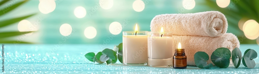 Spa setting with candles and towels Spa setting with candles and towels