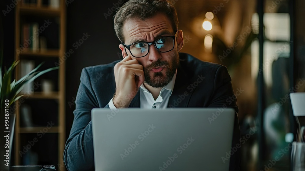 A business professional looking puzzled at a laptop screen with an empty background for text. A business professional looking puzzled at a laptop screen with an empty background for text.