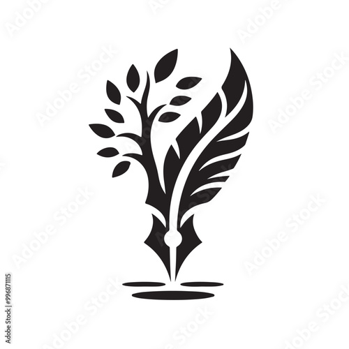 Feather Quill Pen Silhouette Vector Logo - Simple Black Feather Icon on White Background, Perfect for Branding Elegant Writing Services, Publishing Houses, or Classic Stationery Business
