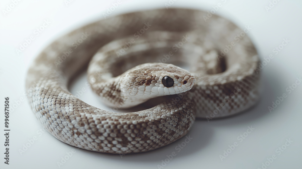 Obraz premium Closeup of coiled snake with intricate patterns, detailed scales, and shiny eyes, nature photography concept