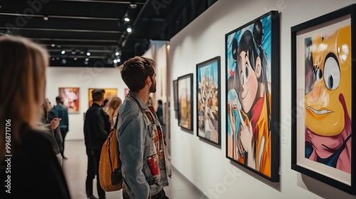 A group of people are enjoying an art exhibition at a gallery. The crowd is looking at modern artwork, including cartoon characters.