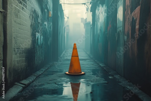 A lone traffic cone stands in a misty, graffiti-covered alleyway. photo