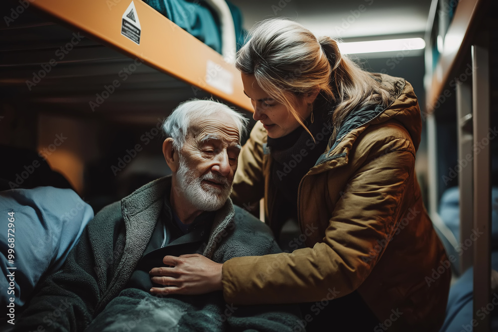 Caring young woman comforting elderly man in homeless shelter, compassion, support, humanity concept Caring young woman comforting elderly man in homeless shelter, compassion, support, humanity concept
