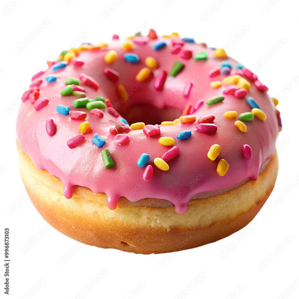 Pink Glazed Donut with Colorful Sprinkles, Isolated on Black Pink Glazed Donut with Colorful Sprinkles, Isolated on Black