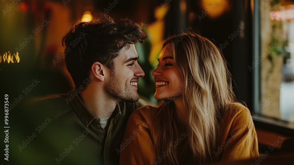 A couple smiling at each other in a cozy setting, with a blank area in the background for text. A couple smiling at each other in a cozy setting, with a blank area in the background for text.