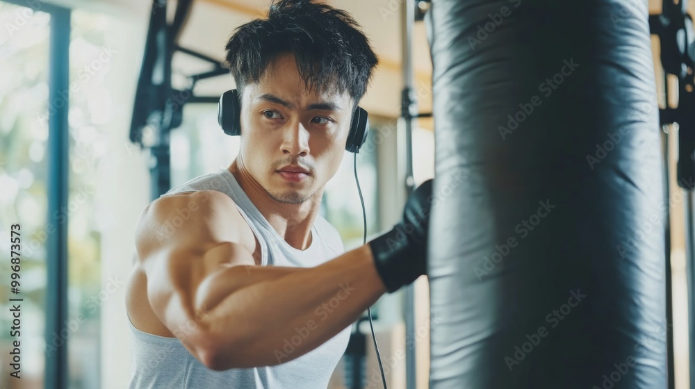 A man in a white tank top and black gloves is punching a heavy bag with his right hand. He is wearing headphones around his ears and appears to be focused on his workout. A man in a white tank top and black gloves is punching a heavy bag with his right hand. He is wearing headphones around his ears and appears to be focused on his workout.