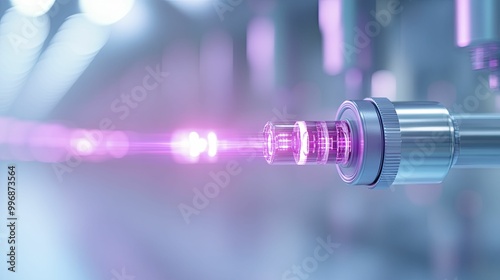 Optoelectronics Fabrication Techniques, optoelectronic devices such as LEDs and lasers, illustrating their manufacturing processes, set against a vibrant light background, 3D illustration