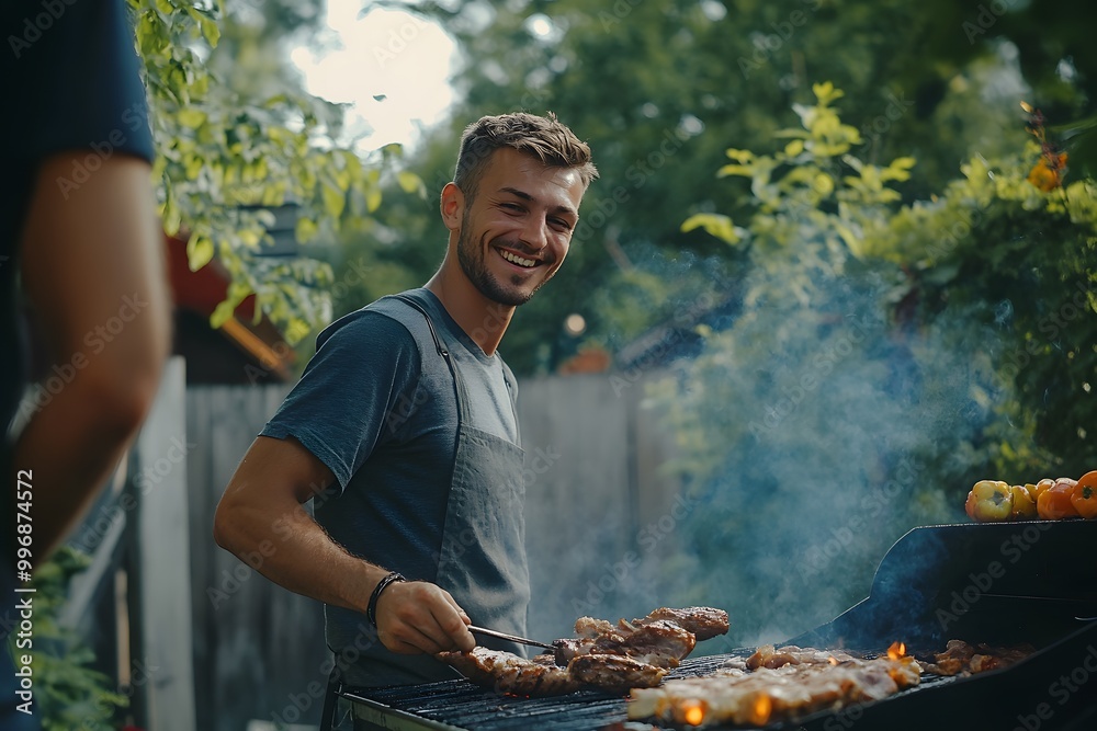 man cooking meat on the barbecue in the garden