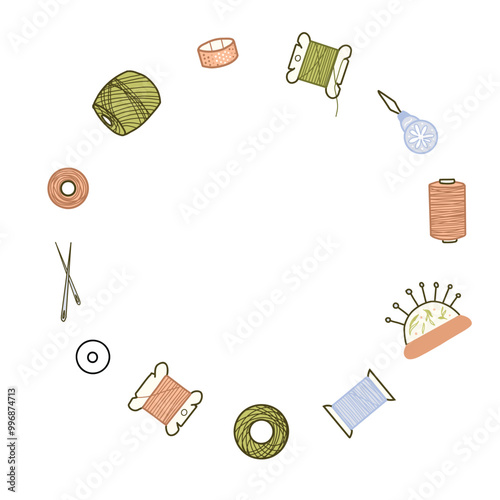 Needlework Wreath or Circle Frame, Border for handmade classes, Handicraft. Hand drawn colored vector illustration of tools for Sewing. Threads Spools, Needles, Thimble, Needle Threader and Pad with