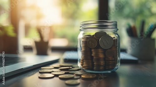 A glass jar filled with coins on a desk, with a wide-open background for copy. -