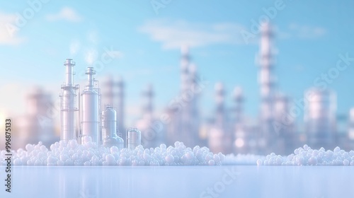 Specialty Polymer Production, specialty polymers and processing equipment, set against a chemical plant background, 3D illustration