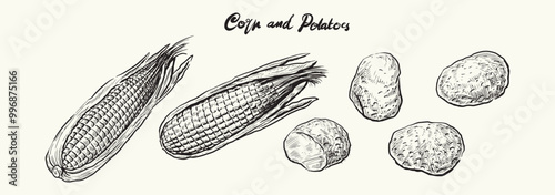 Corn and potato sketch, vector illustration that can be used in harvest festivals and branding that can be customized on t-shirts, cards, posters and more. photo