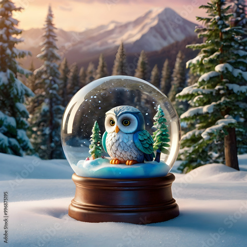 a snow globe that highlights a cute baby owl, adorned in vibrant hues, holding a tiny stuffed counterpart photo