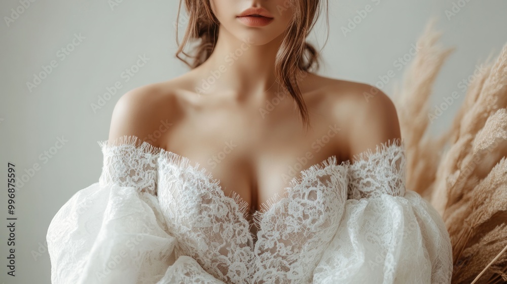 Portrait woman wearing a white wedding gowns with detailed lace pattern Portrait woman wearing a white wedding gowns with detailed lace pattern