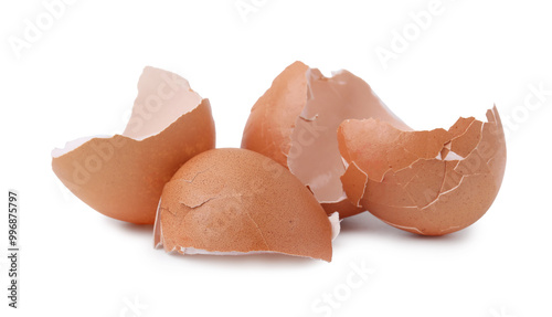 Pieces of broken eggshells isolated on white photo