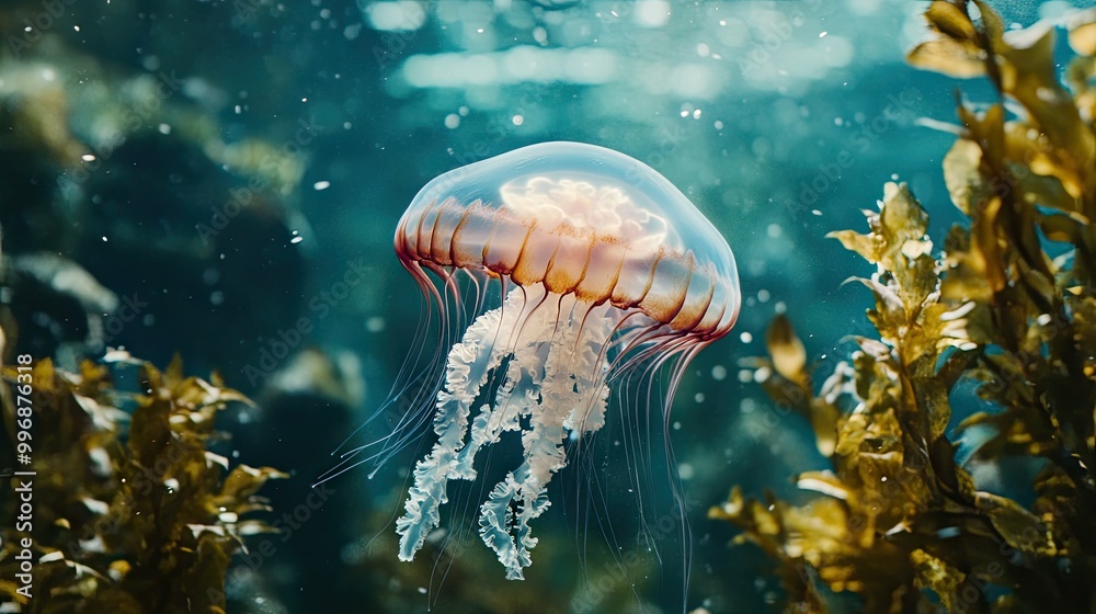 A jellyfish swimming among sea plants, with space around it for copy. A jellyfish swimming among sea plants, with space around it for copy.