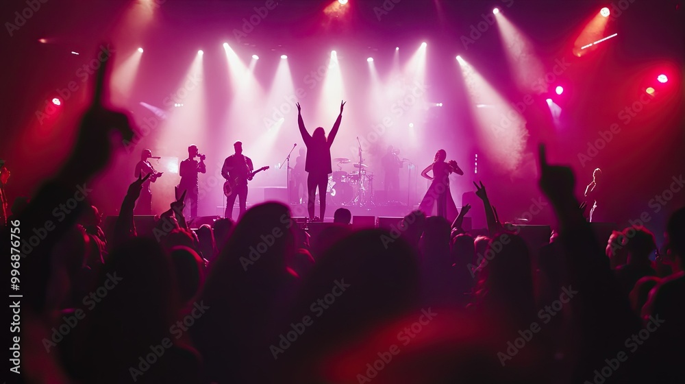 A live concert scene with a focus on singers and a clean background for adding text. A live concert scene with a focus on singers and a clean background for adding text.