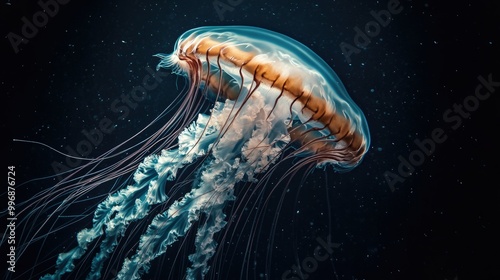 A large jellyfish floating majestically through the sea, with a dark background providing copy space. -