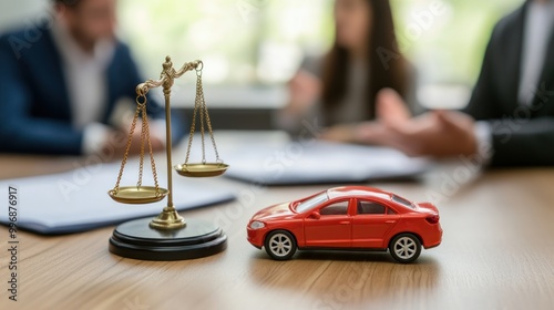 Close-up of a scale of justice and a car toy, suggesting a legal case related to a car accident. photo