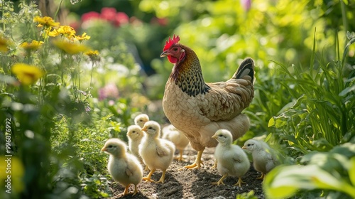 A mother hen and chicks exploring a garden, with ample room in the background for text. photo