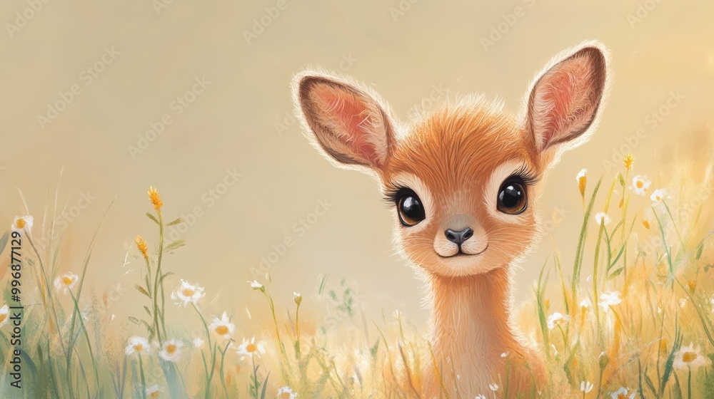 A pastel illustration of a baby gazelle with soft fur, surrounded by pastel grass and whimsical flowers in a savanna scene A pastel illustration of a baby gazelle with soft fur, surrounded by pastel grass and whimsical flowers in a savanna scene