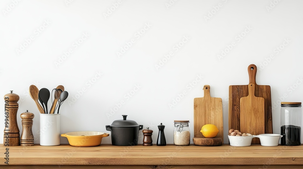 A neatly arranged kitchen island with cooking tools and ample blank space for copy. A neatly arranged kitchen island with cooking tools and ample blank space for copy.