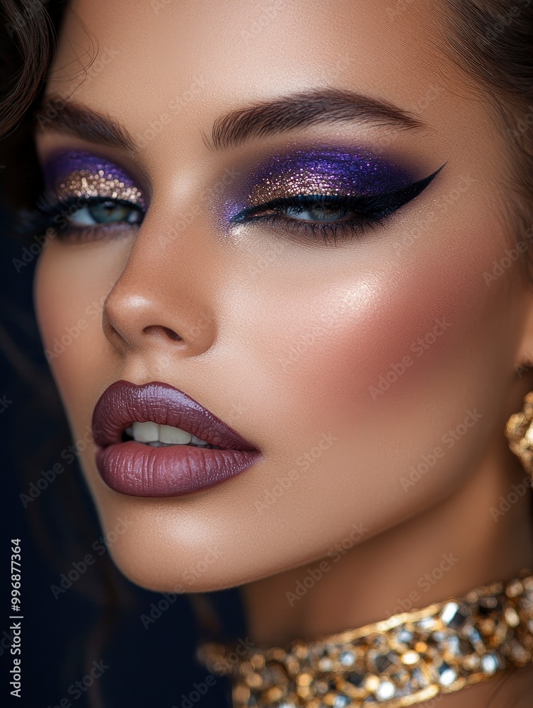 Close-up portrait of a beautiful woman with striking Purple Basil makeup, deep violet eyeshadow Close-up portrait of a beautiful woman with striking Purple Basil makeup, deep violet eyeshadow